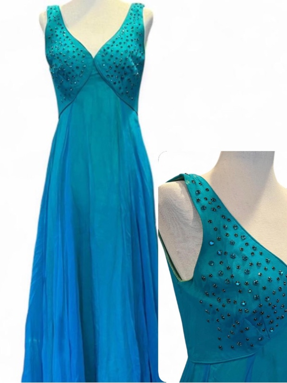 Teal Beaded V-Neck Evening Gown